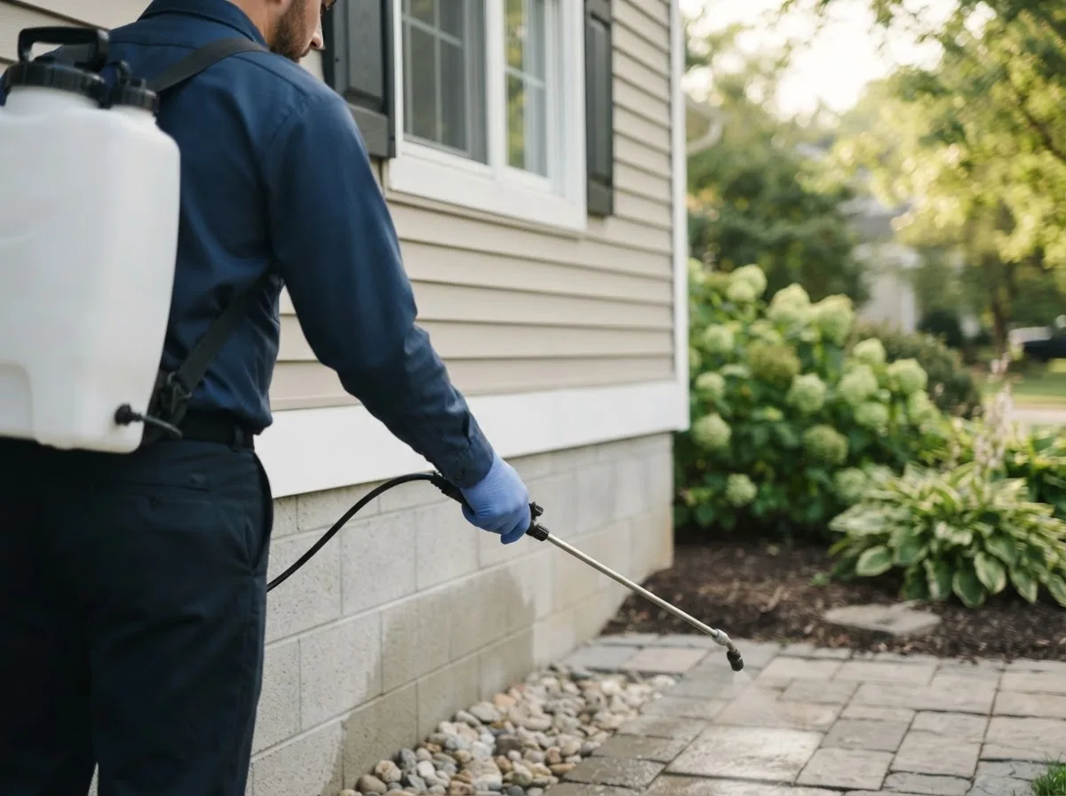 Pest control technician inspecting a home in Avella, PA